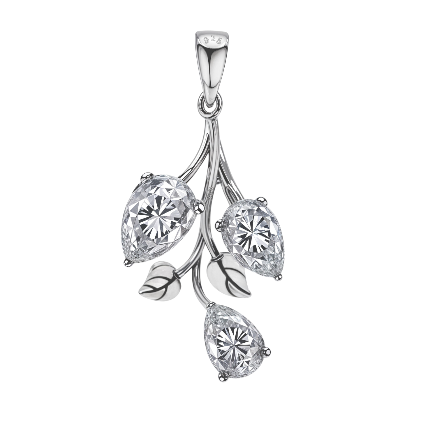A sterling silver tulip pendant featuring three pear-cut American diamonds as buds on a polished vine with small leaves.