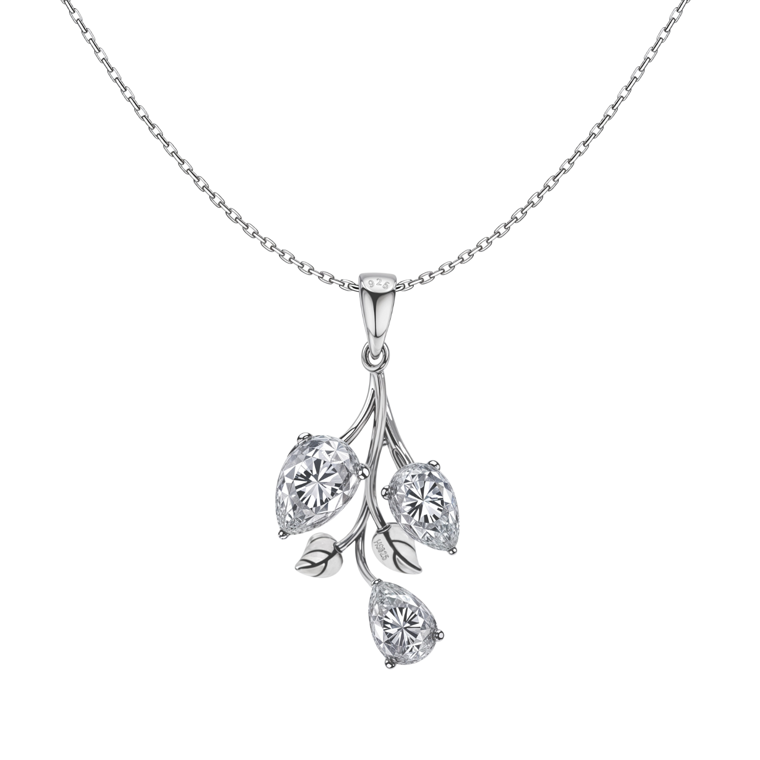 A sterling silver pendant necklace with a floral vine design featuring three pear-shaped American diamonds and small leaves on a white.