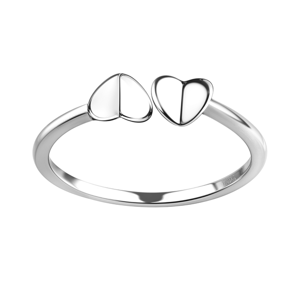 An open-ended adjustable ring with a twin heart motif in polished sterling silver, shown on a plain white background.