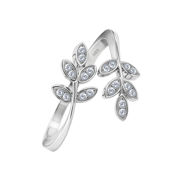 An adjustable sterling silver toe ring with a twin leaf design, where each leaf is bezel-set with two tiny American diamonds.