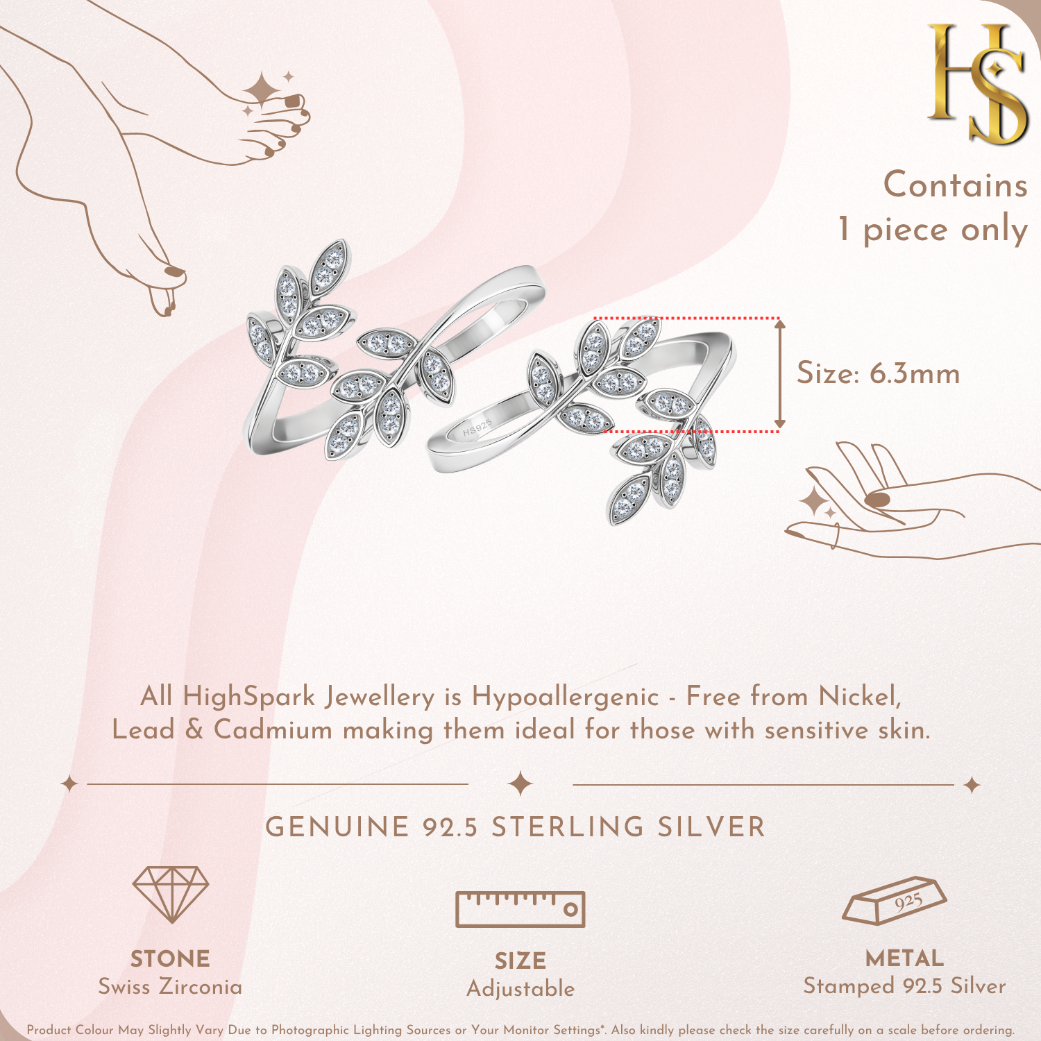 Twin Leaf Embrace Toe Ring - Adjustable in 925 Sterling Silver - 2 Piece HighSpark
