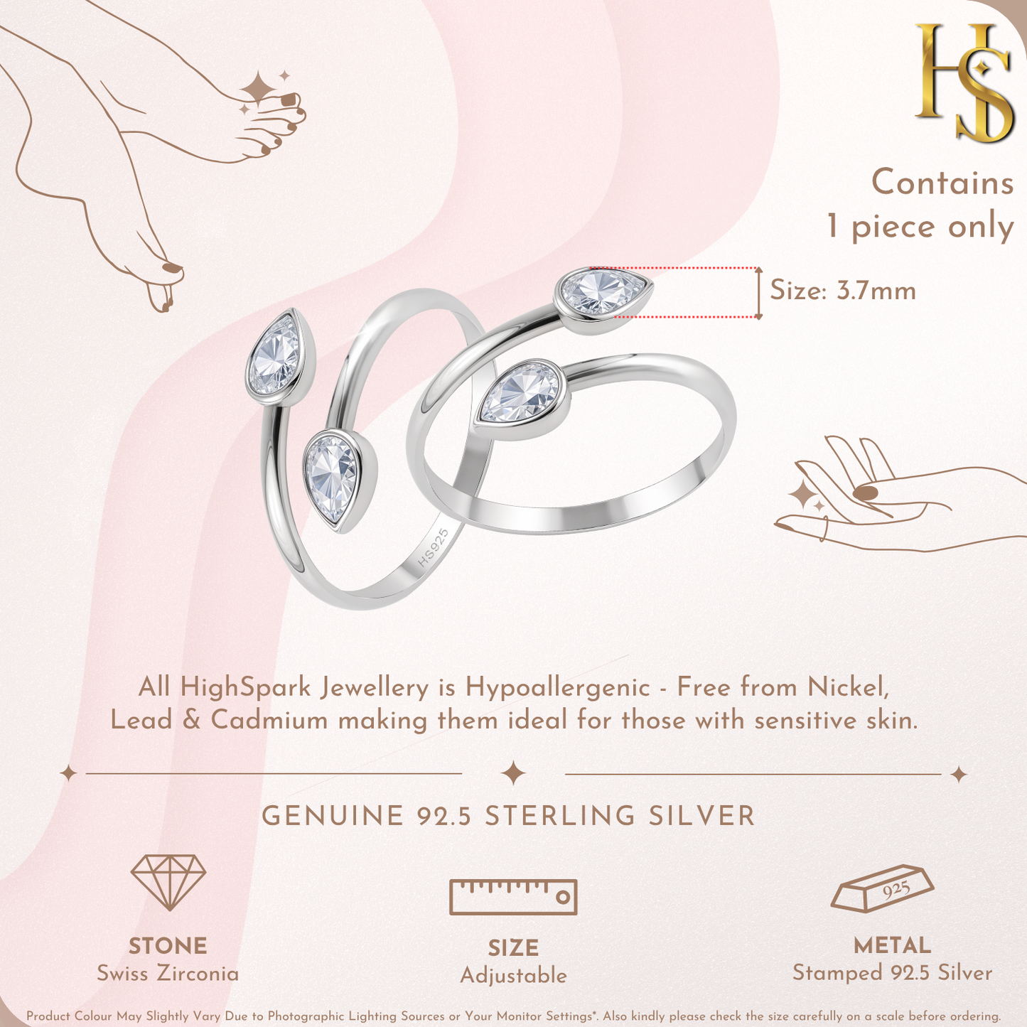Twin Leaf Toe Rings – Adjustable in 925 Sterling Silver – 1 Piece HighSpark