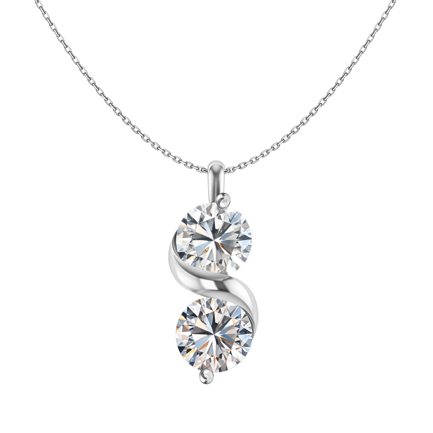 A sterling silver pendant necklace with two round American diamonds set in a vertical S-swirl design on a plain white background.