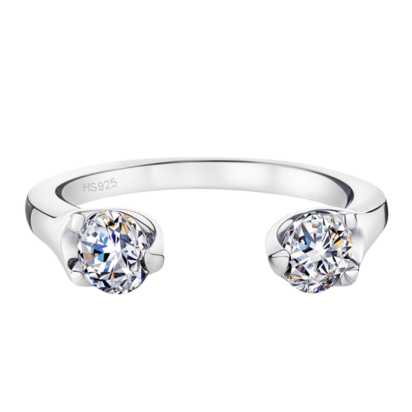 An adjustable sterling silver ring with two round-cut American diamonds in a four-prong setting, shown on a white background.