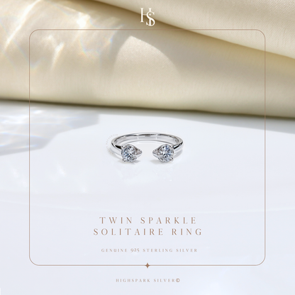 Twin Sparkle Solitaire Adjustable Ring in 92.5 Sterling Silver with Diamond like Brilliance Zirconia HighSpark