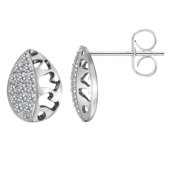 Teardrop-shaped stud earrings in sterling silver with pavé-set American diamonds and an openwork filigree design.