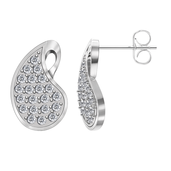A pair of paisley-shaped stud earrings with pavé-set American diamonds in sterling silver, shown on a white background.