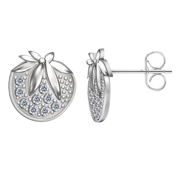 A pair of sterling silver stud earrings in a round tomato shape with a leafy top, featuring a cluster of American diamonds.