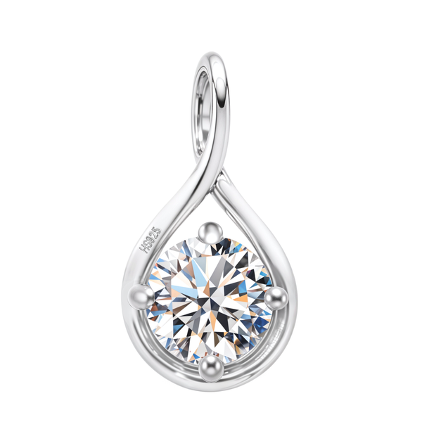 A sterling silver pendant with a twisted bail and a teardrop frame holding a large, round American diamond in a four-prong setting.
