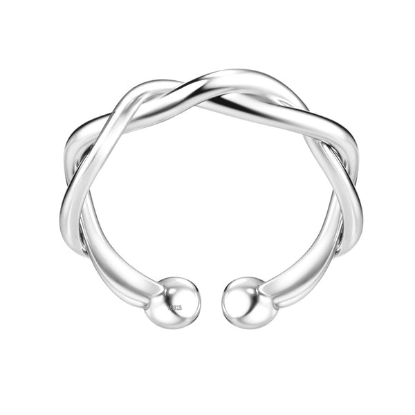 A sterling silver nose ring with a twisted band design and open ends capped with small spheres, shown on a white background.
