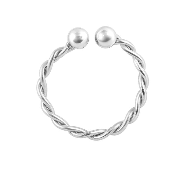 A sterling silver nose ring with a twisted rope band and two small spheres at the open ends, shown on a white background.