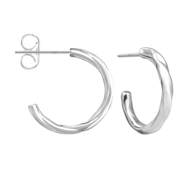 A pair of twisted C-hoop stud earrings in polished sterling silver with a push-back closure, shown on a white background.