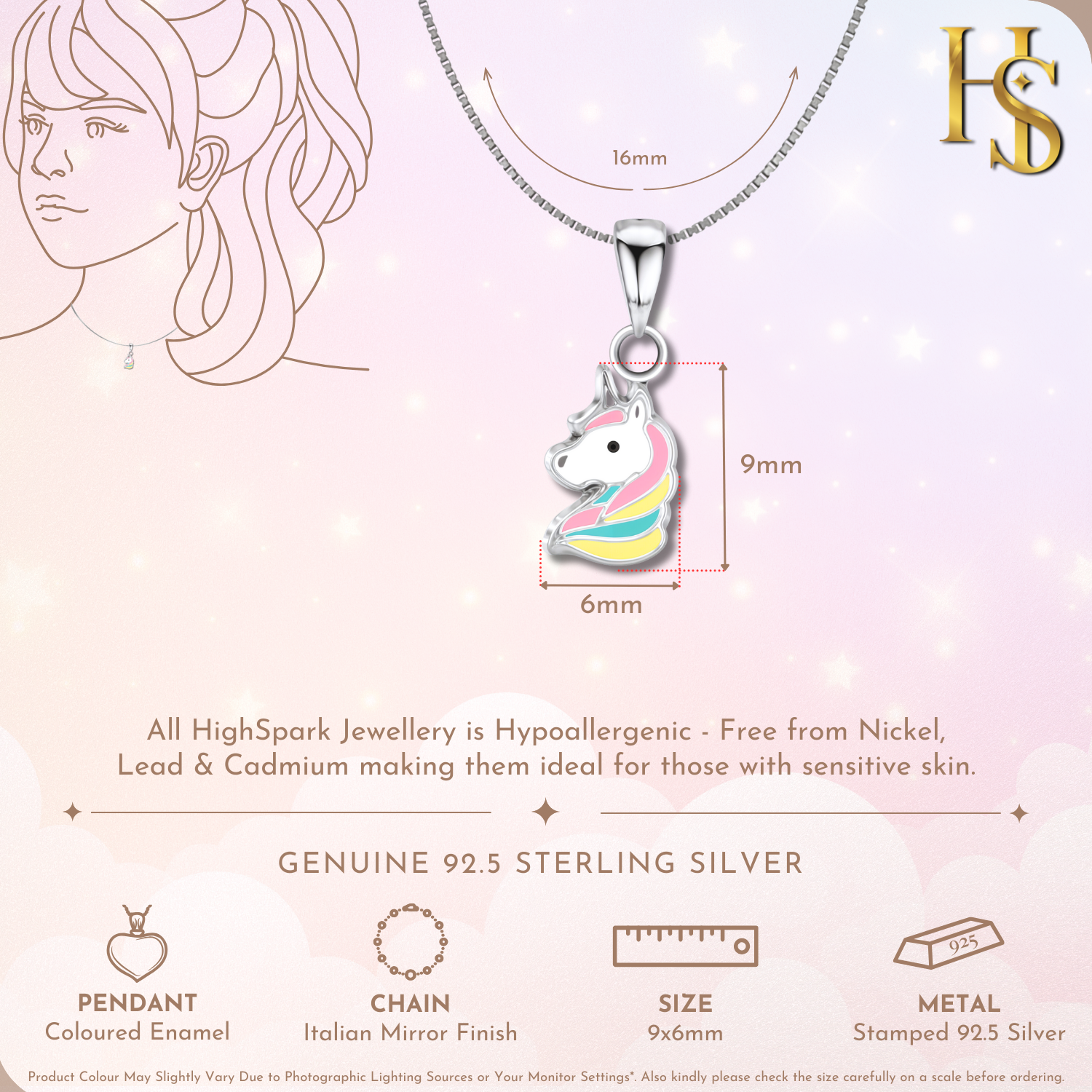 Unicorn Glow Cute Enamel Pendant in 925 Sterling Silver HighSpark