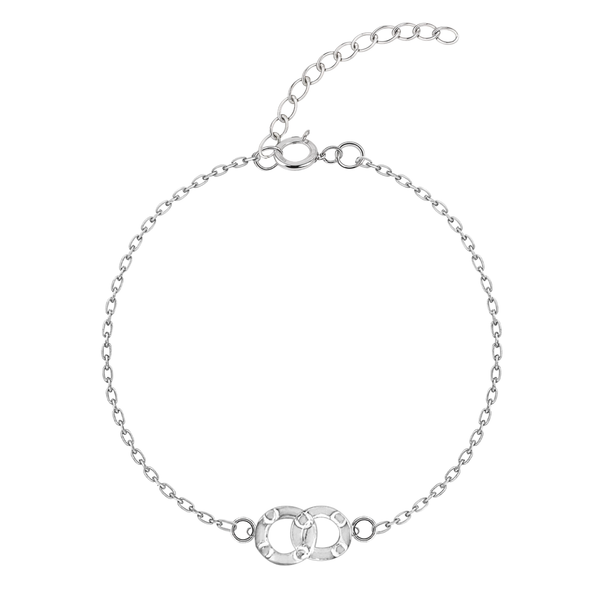 An adjustable link bracelet with two interlocking textured circles in sterling silver, shown on a white background.