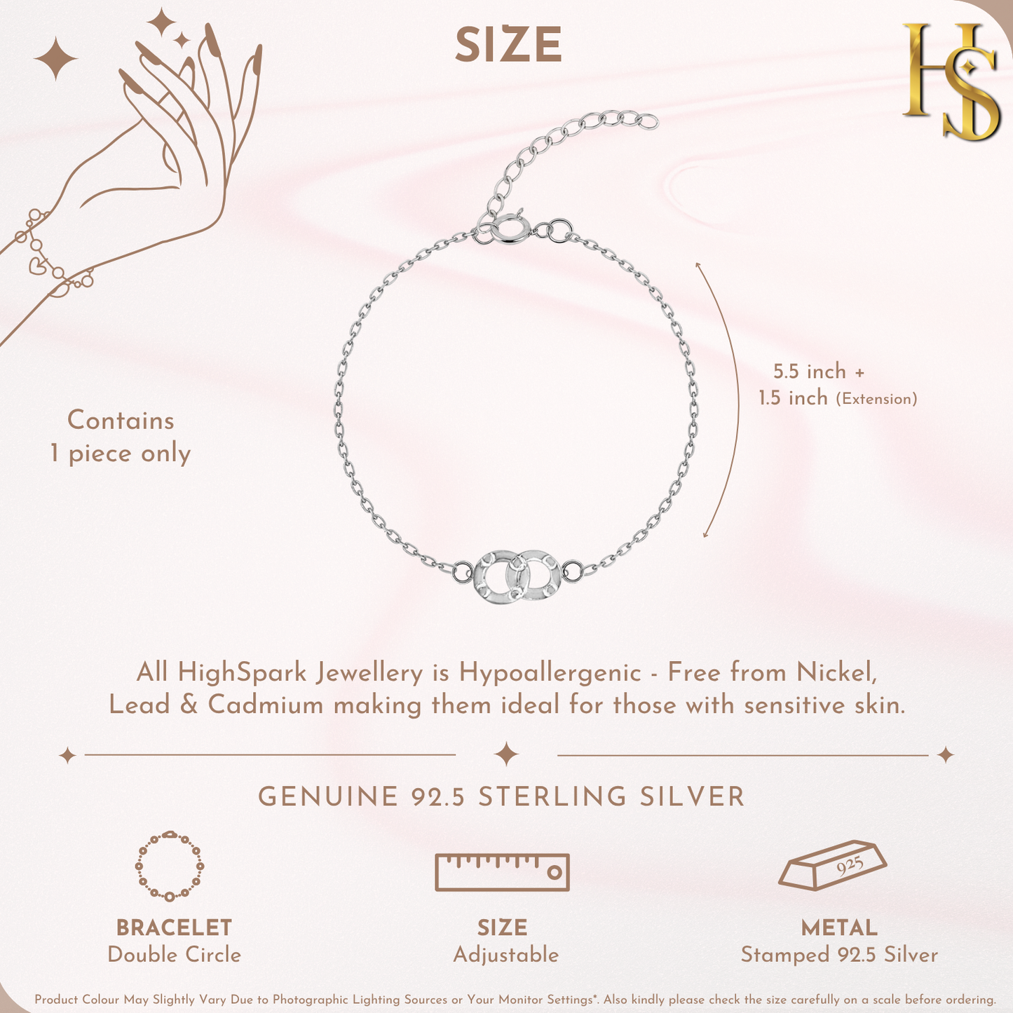 Infographic for a sterling silver link bracelet showing its dimensions, adjustable clasp, and interlocking double circle centerpiece.