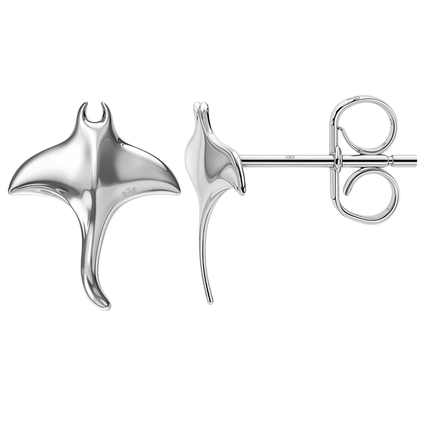 A pair of manta ray stud earrings in polished sterling silver, shown from the front and side with a push back on a white background.