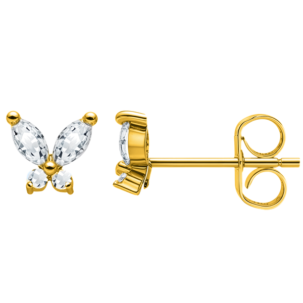A pair of gold-plated butterfly stud earrings with marquise and round-cut American diamonds, shown on a white background.
