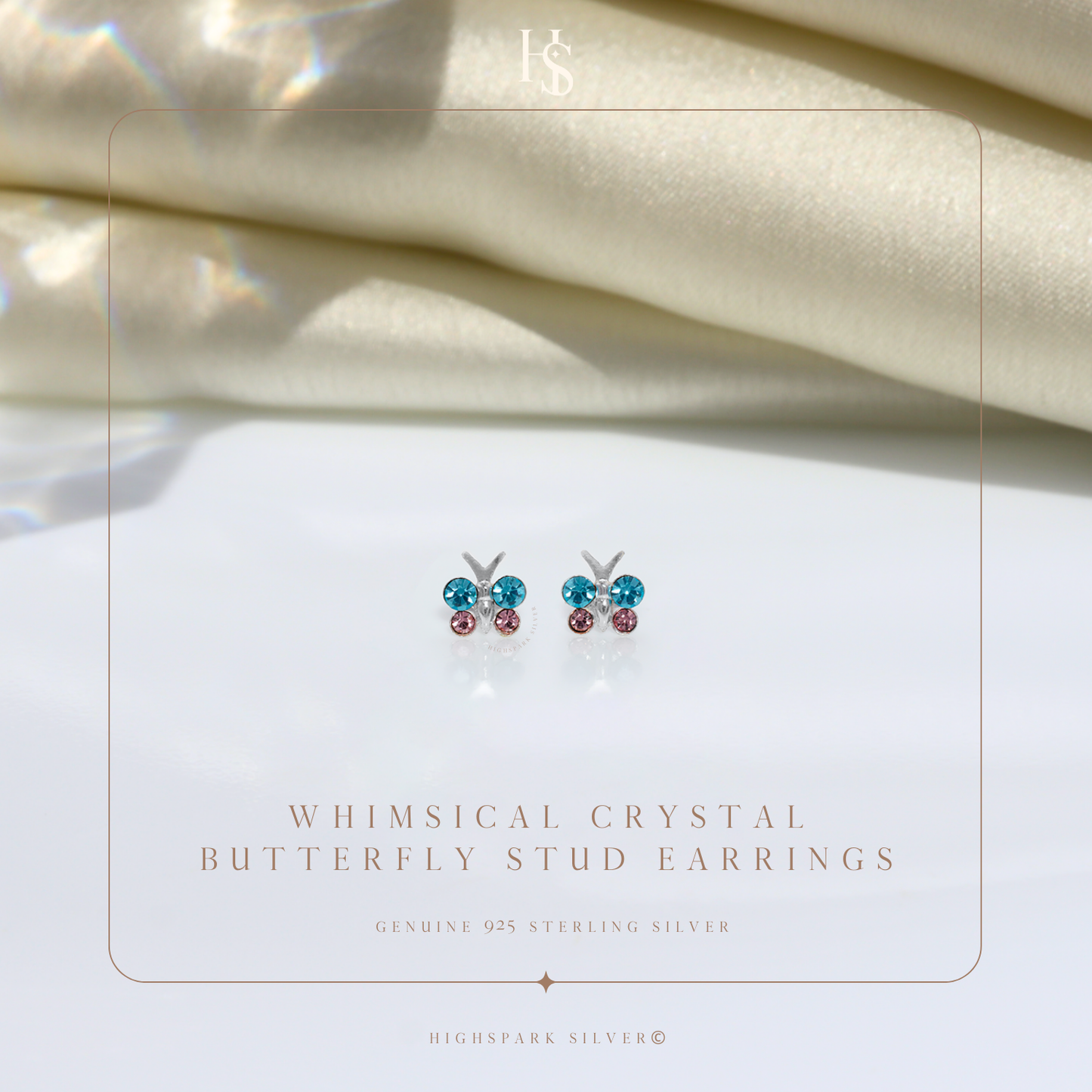 Whimsical Crystal butterfly Cute Enamel Stud Earrings in 925 Sterling Silver HighSpark