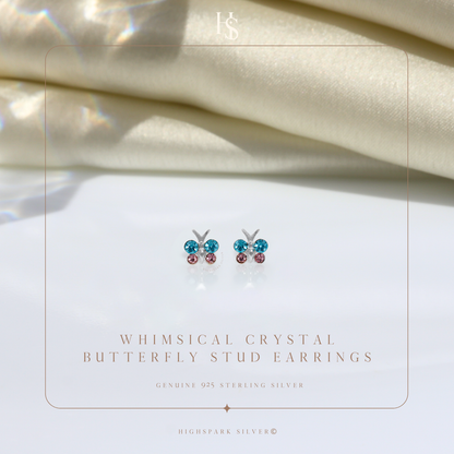 Whimsical Crystal butterfly Cute Enamel Stud Earrings in 925 Sterling Silver HighSpark