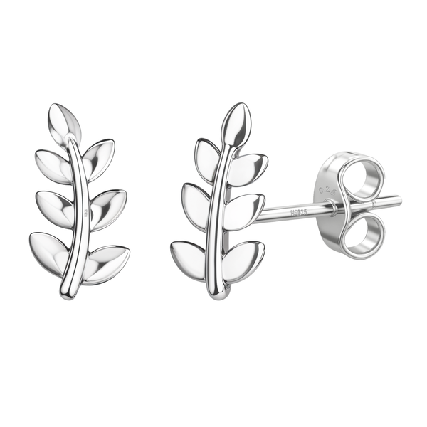 A pair of sterling silver stud earrings in a leaf branch motif, shown with a push-back closure on a plain white background.