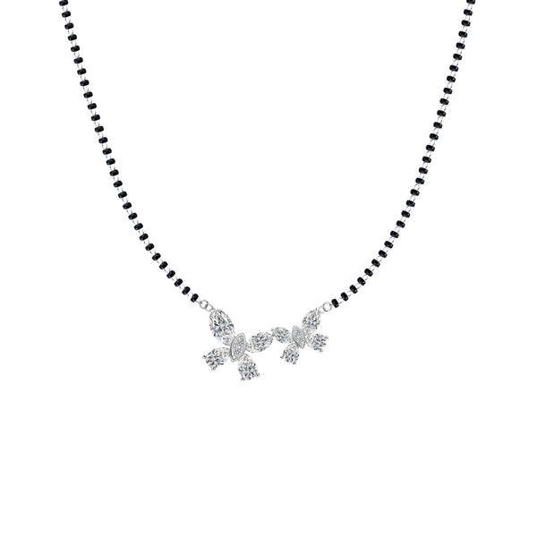 A sterling silver mangalsutra necklace with two butterfly motifs made of marquise-cut American diamonds on a traditional black beaded chain.