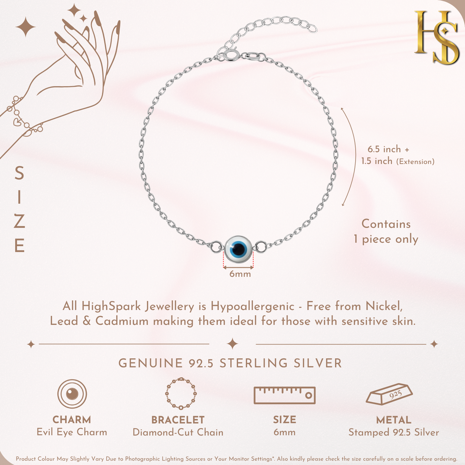 Infographic showing the features of an evil eye charm bracelet, including its 6mm charm size and 6.5-inch length with a 1.5-inch extension.