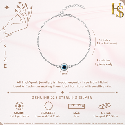 Infographic showing the features of an evil eye charm bracelet, including its 6mm charm size and 6.5-inch length with a 1.5-inch extension.