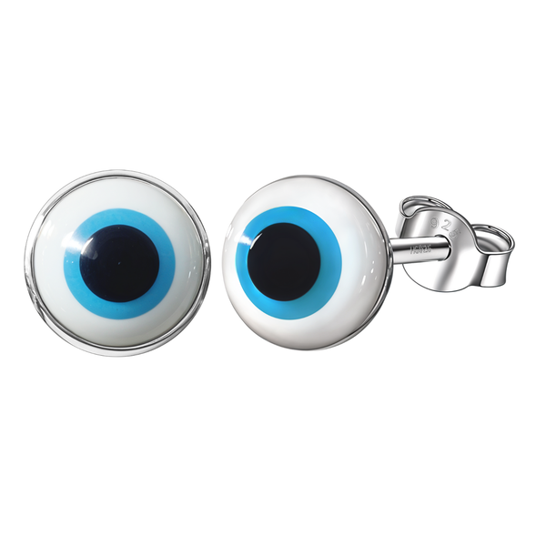 A pair of round evil eye stud earrings with a white, light blue, and black enamel design in a sterling silver bezel setting.