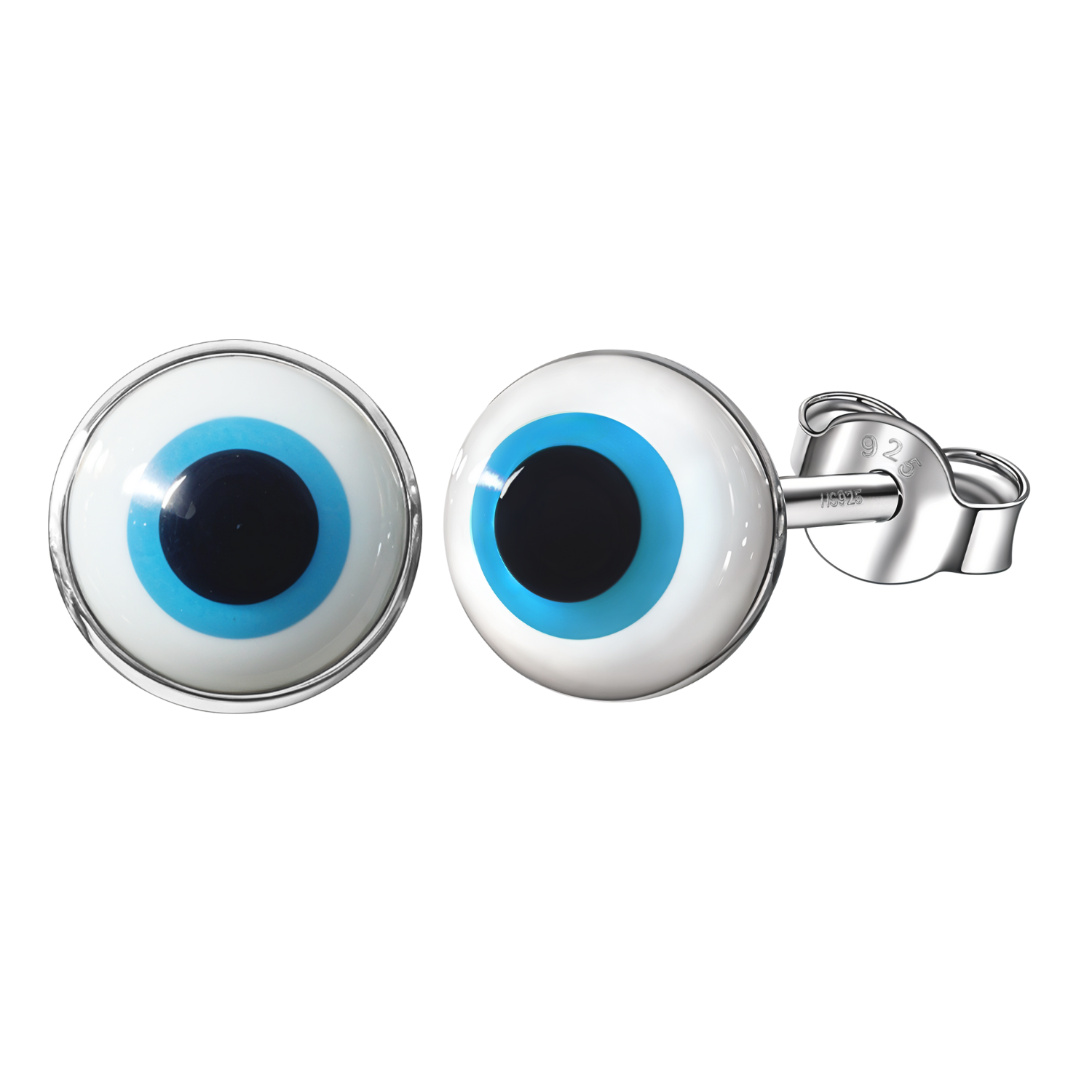 A pair of round evil eye stud earrings with a white, light blue, and black enamel design in a sterling silver bezel setting.