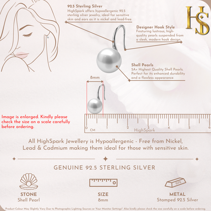 Infographic showing the features of sterling silver hook earrings with an 8mm round white shell pearl.
