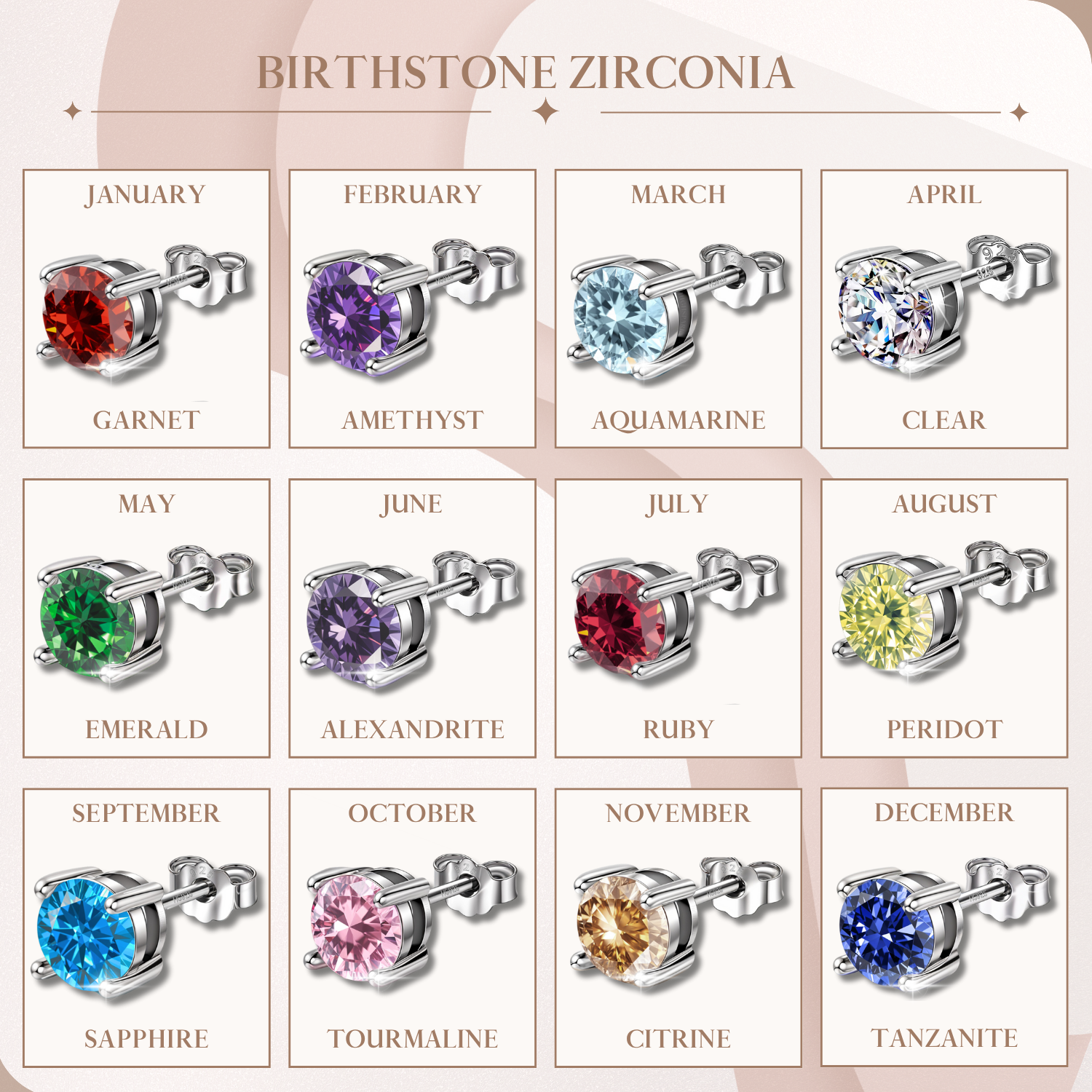 Women's Solitaire Birthstone Earrings - 925 Silver - April Clear Sparkling Zirconia HighSpark