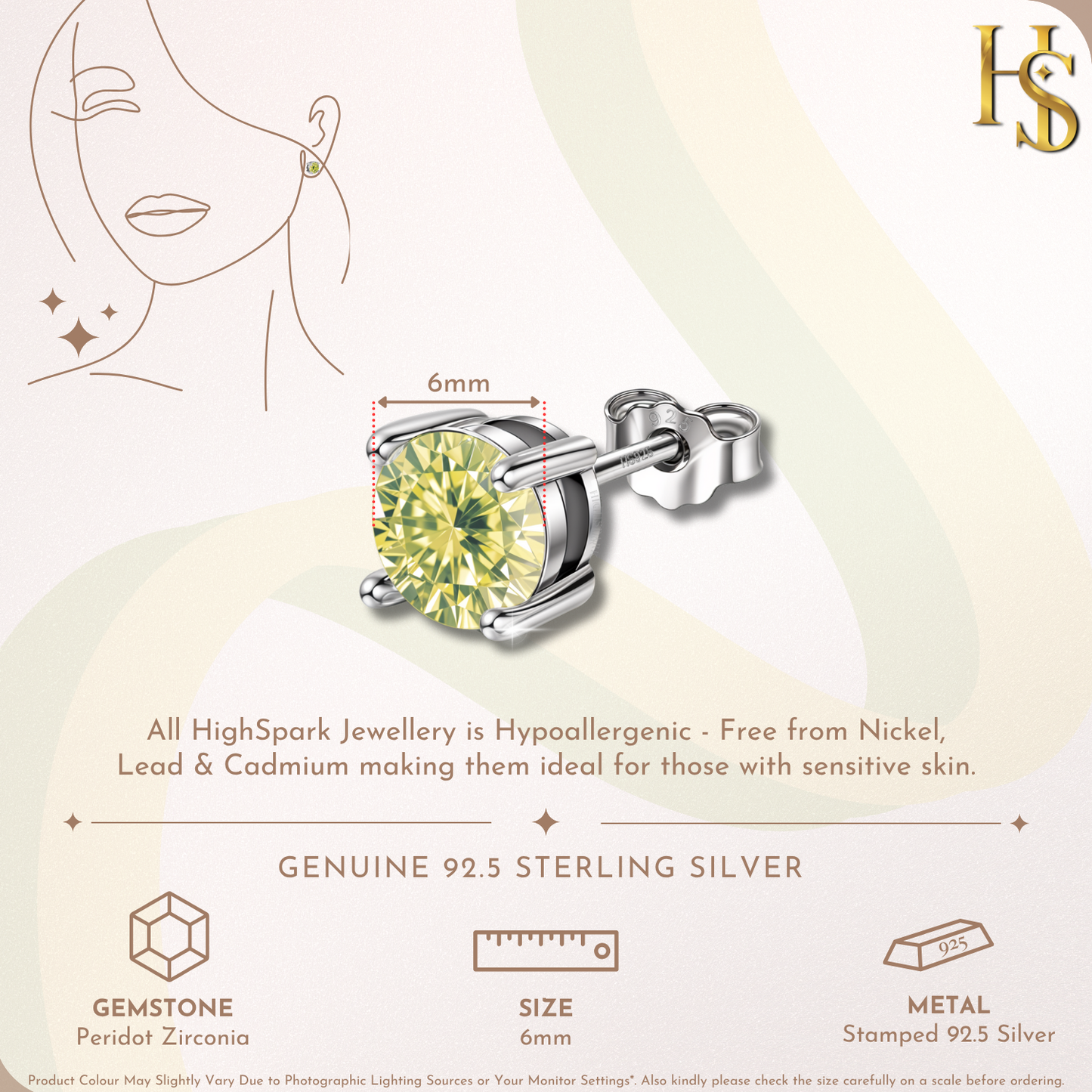 Women's Solitaire Birthstone Earrings - 925 Silver - August Peridot Sparkling Zirconia HighSpark