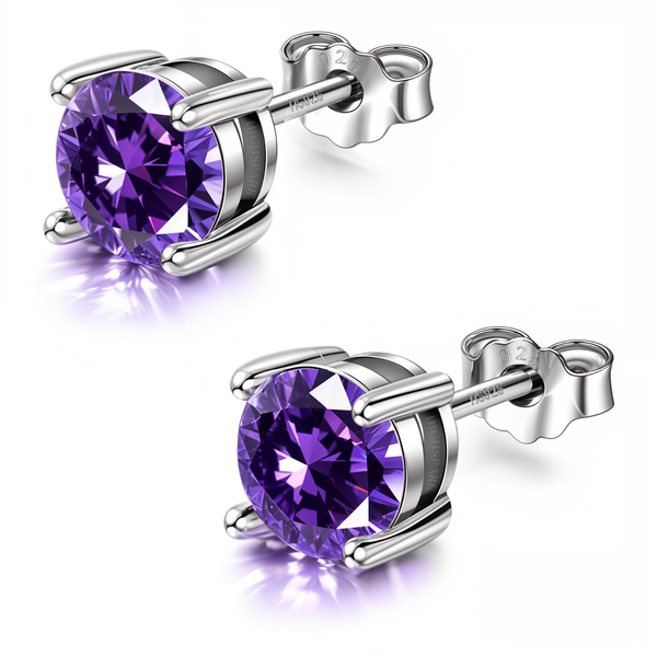 A pair of sterling silver stud earrings with round-cut purple amethyst stones held in a four-prong setting on a white background.