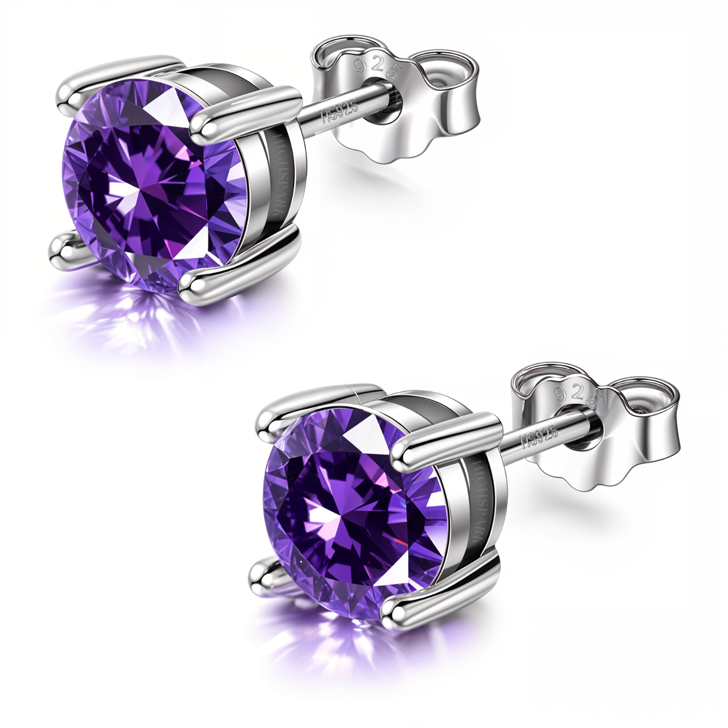 Women's Solitaire Birthstone Earrings - 925 Silver - February Amethyst Sparkling Zirconia HighSpark