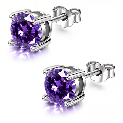 Women's Solitaire Birthstone Earrings - 925 Silver - February Amethyst Sparkling Zirconia HighSpark
