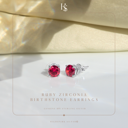 Women's Solitaire Birthstone Earrings - 925 Silver - July Ruby Sparkling Zirconia HighSpark