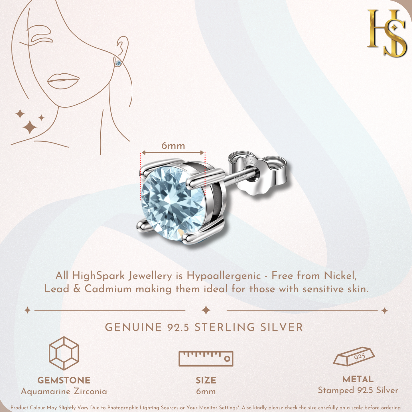 Women's Solitaire Birthstone Earrings - 925 Silver - March Aquamarine Sparkling Zirconia HighSpark