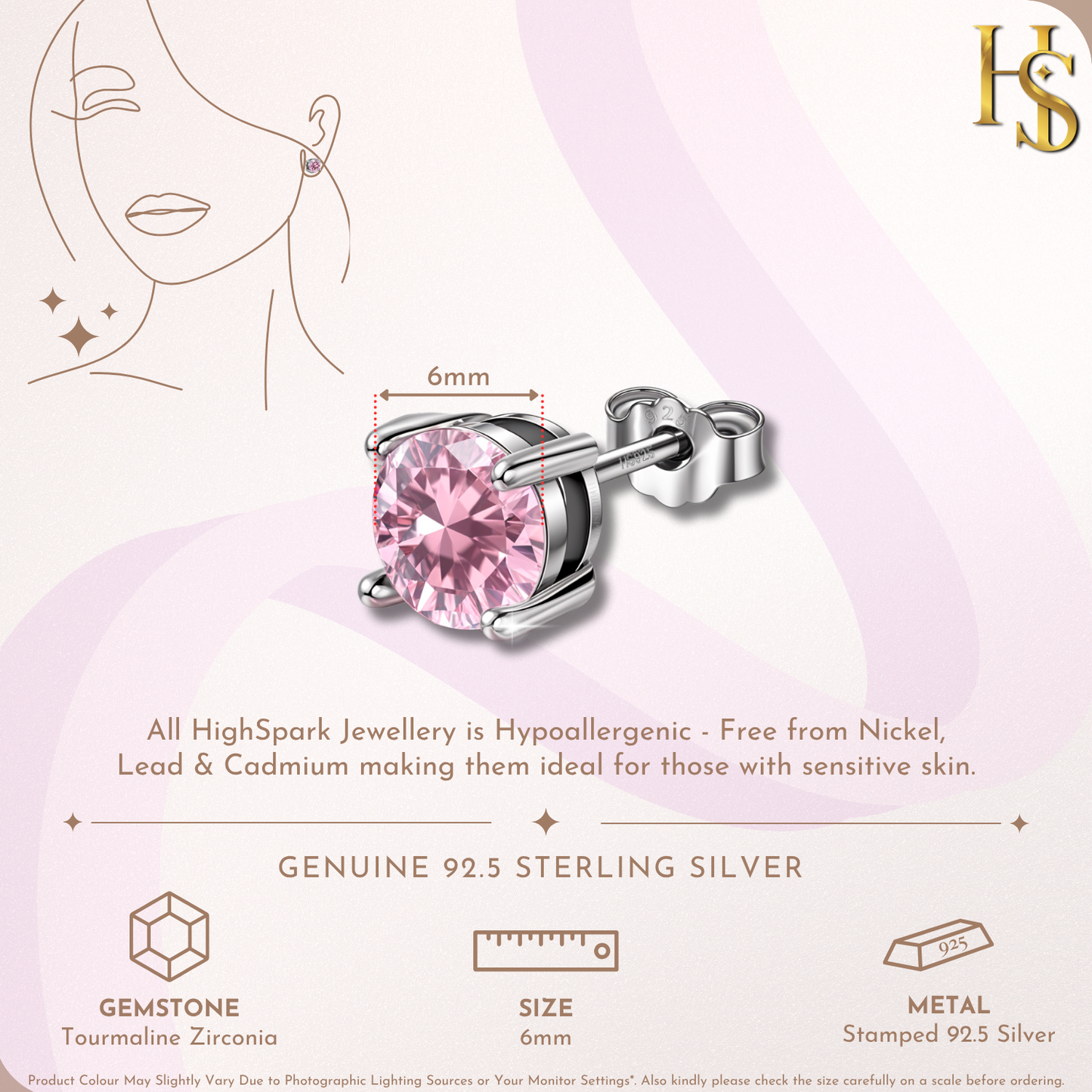 Infographic showing a 6mm round pink tourmaline American Diamond stud earring in a four-prong sterling silver setting with a butterfly back.