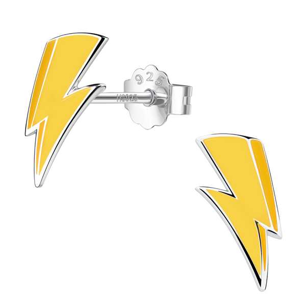 A pair of sterling silver stud earrings shaped like lightning bolts with bright yellow enamel, shown on a white background.