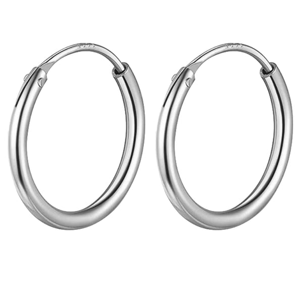 A pair of thick, round hoop earrings in polished sterling silver with a continuous clasp, shown on a plain white background.