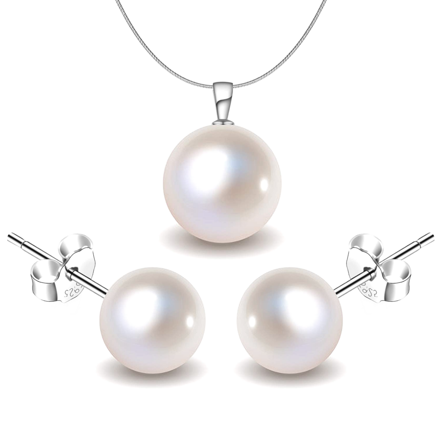 Pearl Set in 92.5 Silver South Sea Round Pearls - Earrings, Necklace & Chain Set