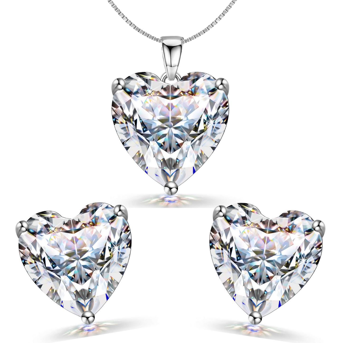 Solitaire Heart Earrings, Pendant & Chain Set in 92.5 Silver embellished with Sparkling Zirconia