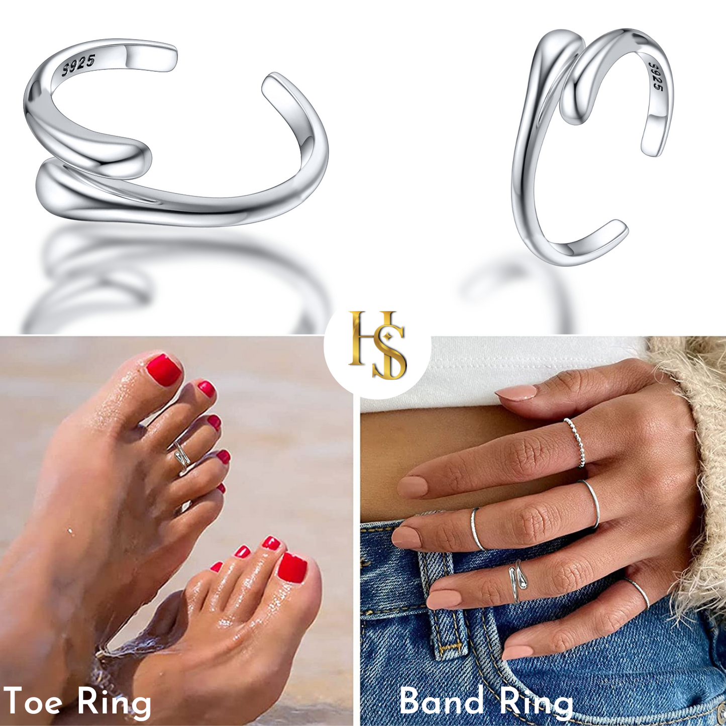Toe Ring Dew Drop - Band Ring - Adjustable in 92.5 Sterling Silver