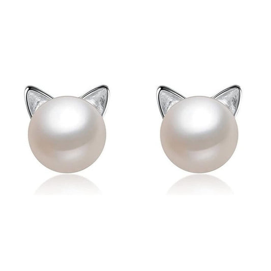 Pearl Cat Freshwater Earrings. Cute Kitten earrings
