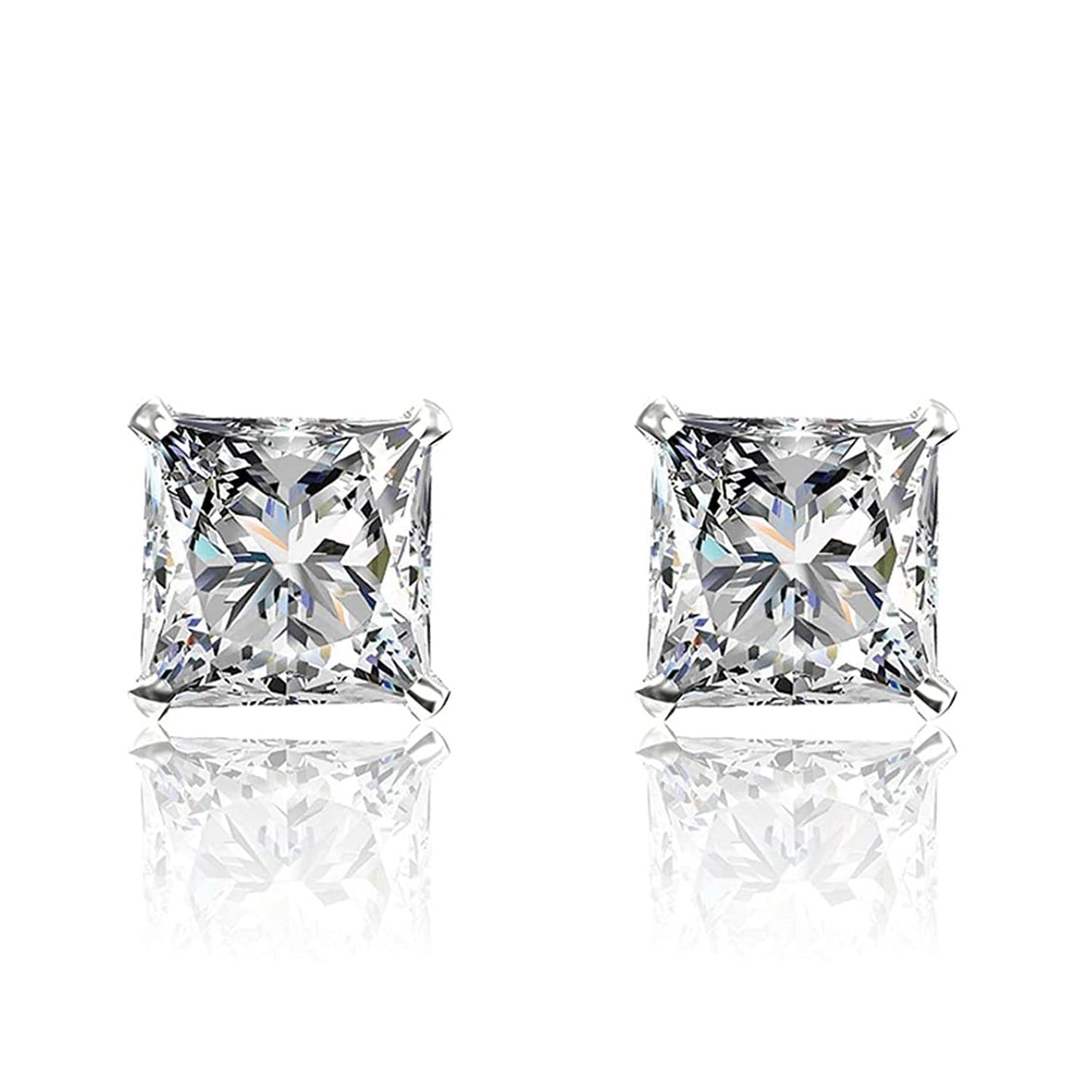 Solitaire Square Stud Earrings in 92.5 Silver - Princess Cut - Brilliant Swiss Zirconia