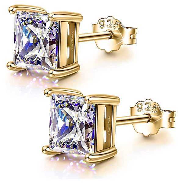 A pair of gold earrings in a square shape feature princess-cut American diamonds in a bar setting.