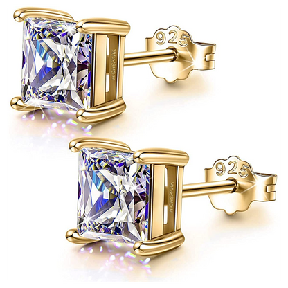 Square Gold Solitaire Earrings in 92.5 Silver embellished with Princess Cut Sparkling Zirconia - 18K Gold Finish