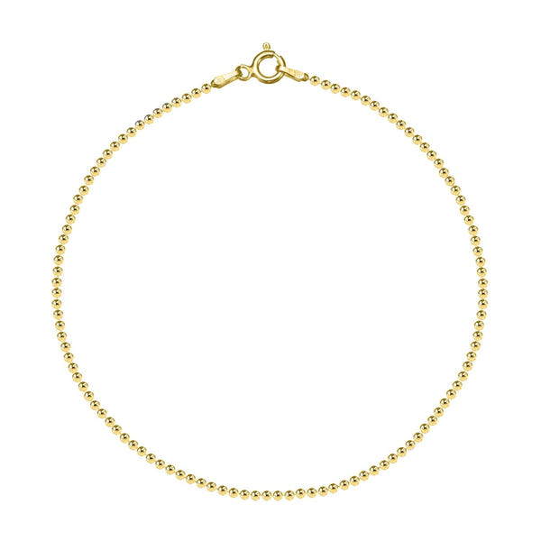 A minimalist ball chain bracelet made of gold-plated sterling silver with a spring ring clasp, shown on a white background.