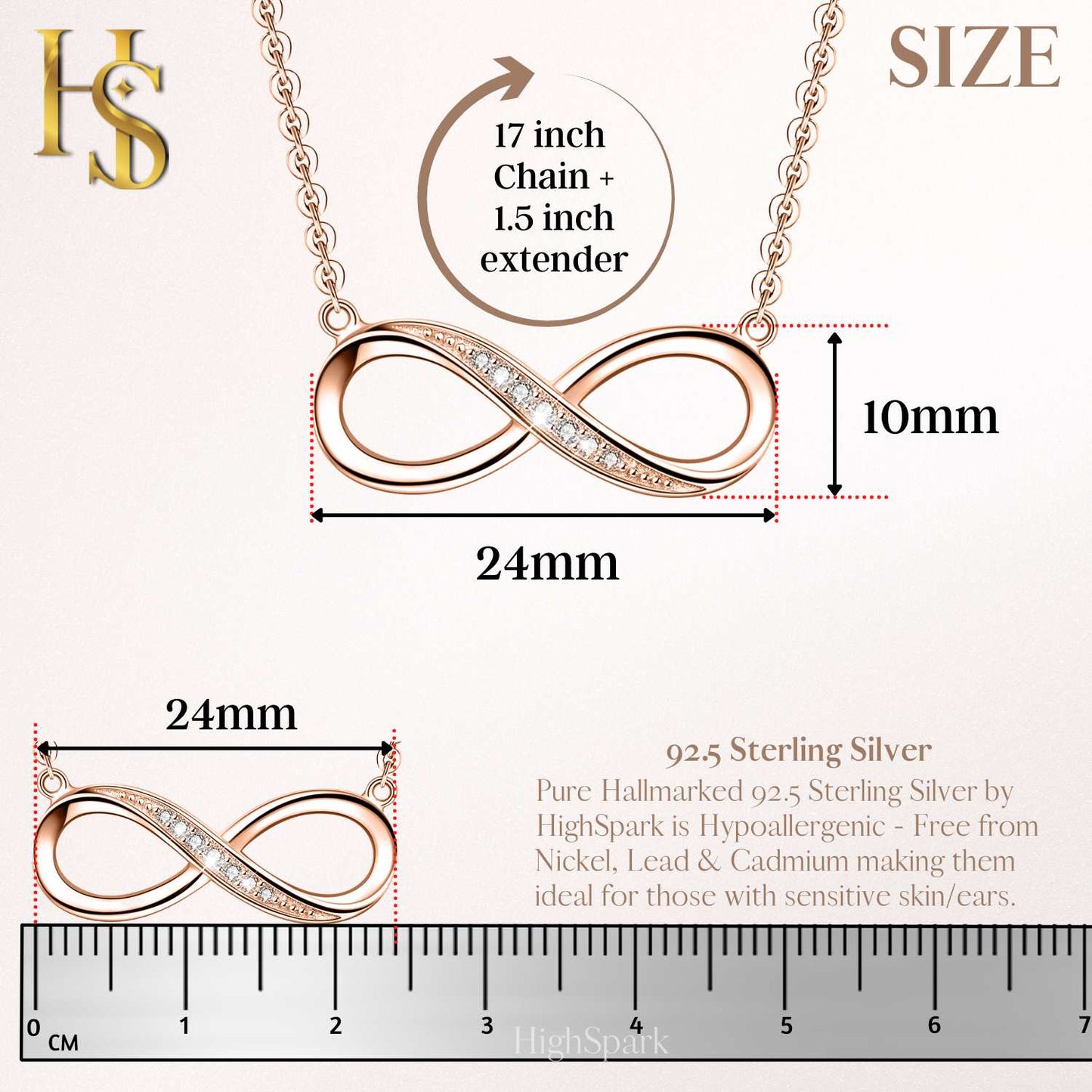 Infinity Pendant in 92.5 Silver - 18k Rose Gold finish studded with Swiss Zirconia