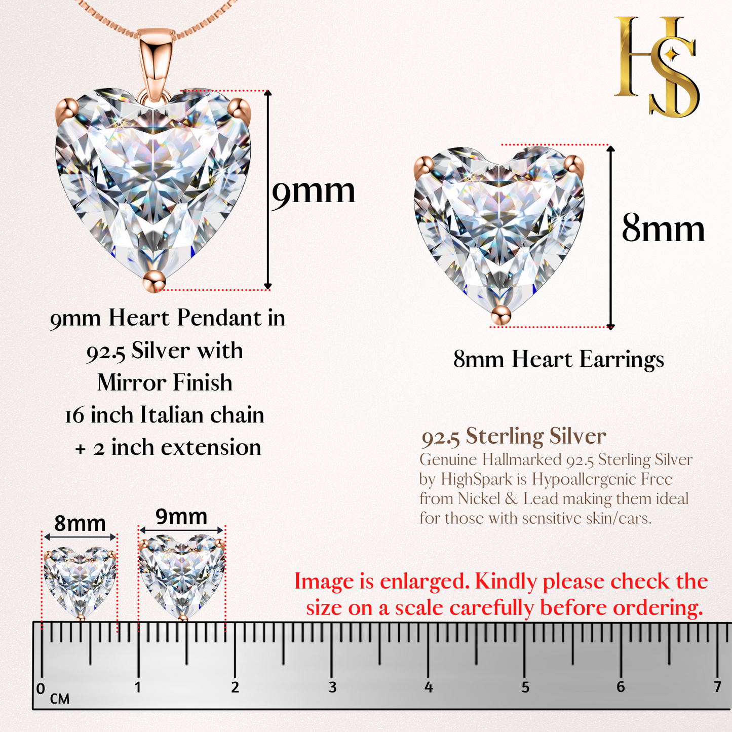 Solitaire Heart Earrings, Pendant & Chain Set in 92.5 Silver - 18k Rose Gold finish - embellished with Sparkling Zirconia